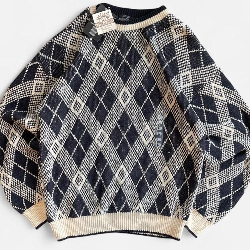 Vintage NWT Expressions Chunky Cream Navy Blue Cotton Knit Slouchy Retro Sweater